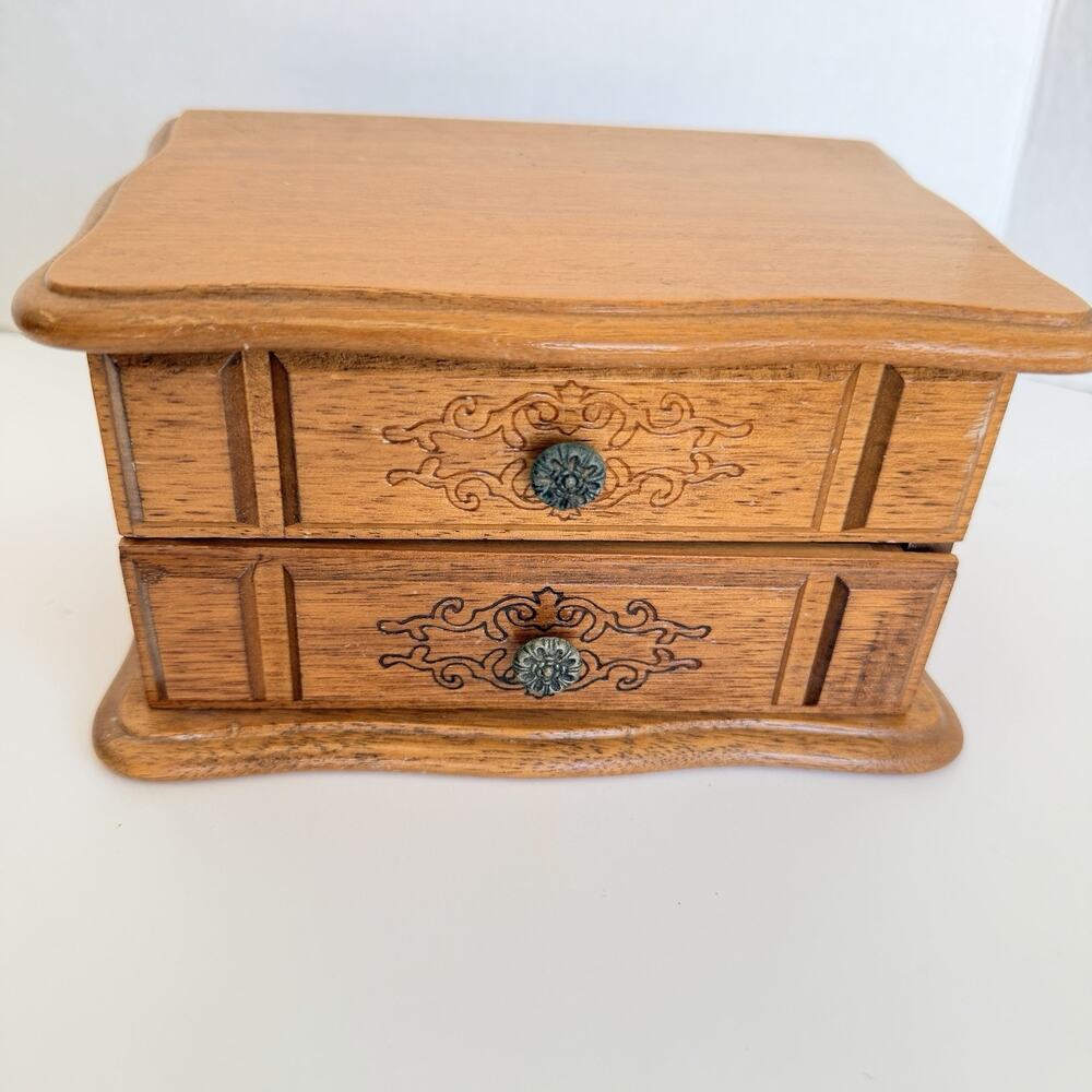 Vintage Wooden Jewelry Box Light Oak & Mirror With Drawer